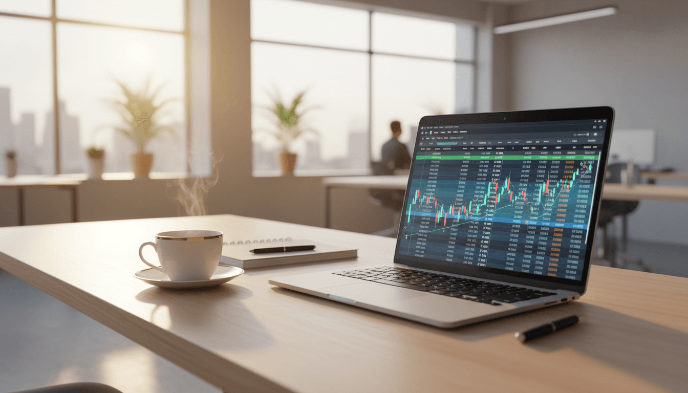 Professional accountant reviewing financial documents and spreadsheets at a clean desk with laptop
