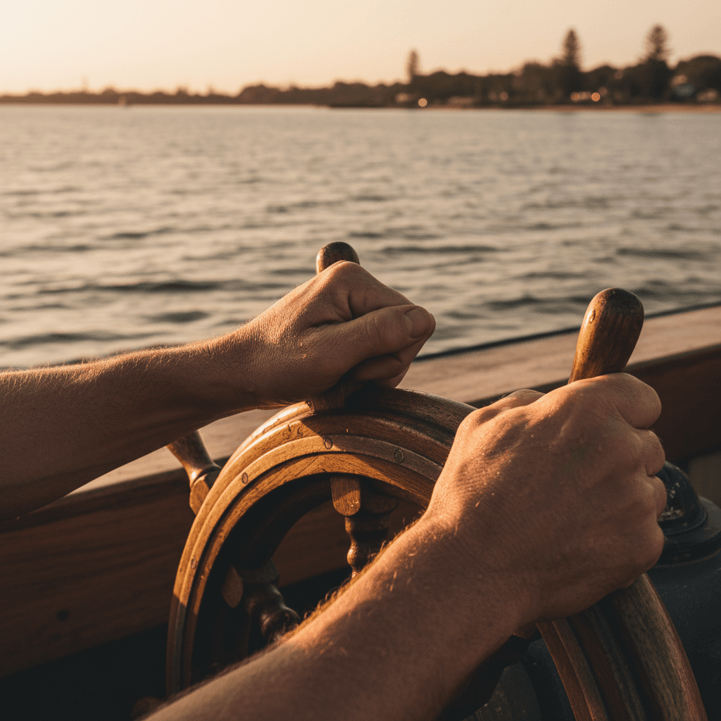 Close-up of weathered hands gripping wooden boat steering wheel during golden hour with coastal waterway background