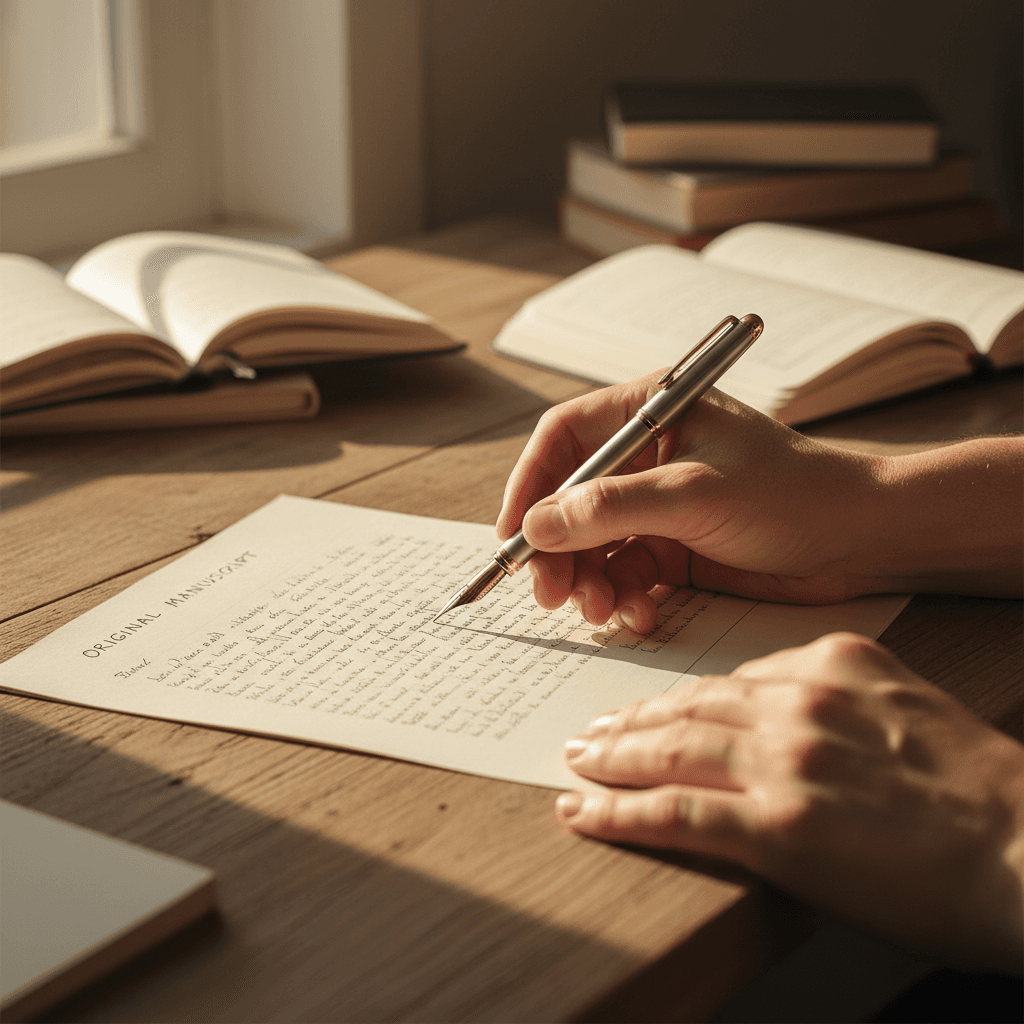 Writer's hands holding fountain pen paused over handwritten manuscript pages in natural afternoon light