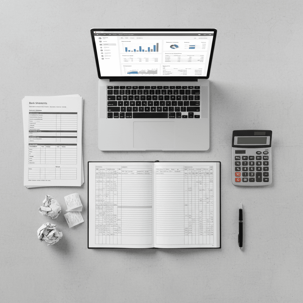 Overhead view of organized bookkeeping workspace with ledger, bank statements, calculator, receipts, and accounting software on laptop