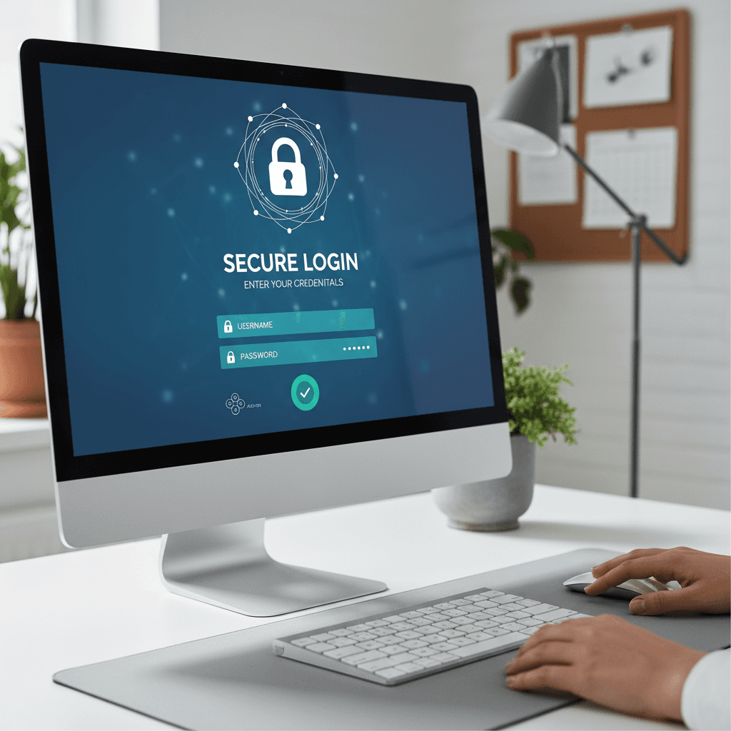 Computer monitor displaying secure login interface with encryption symbols and authentication elements in modern office setting.