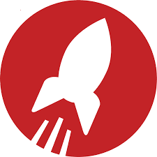White rocket icon launching upwards from a solid red circular background.