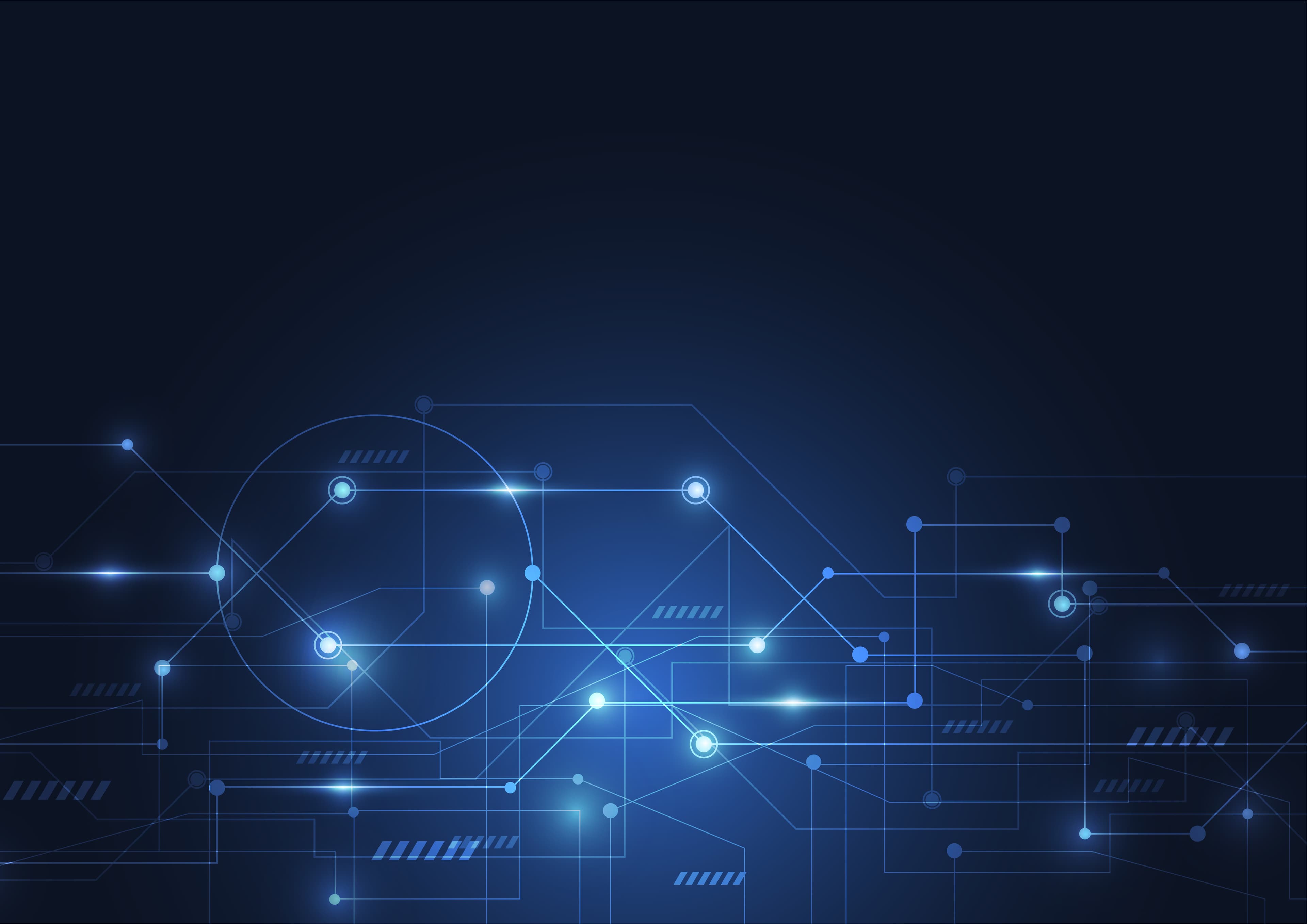 Digital network background with glowing blue lines, dots, and geometric circuit patterns.