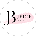 White circular logo for Jeige Beauty, featuring a black 'J' and pink brushstroke.
